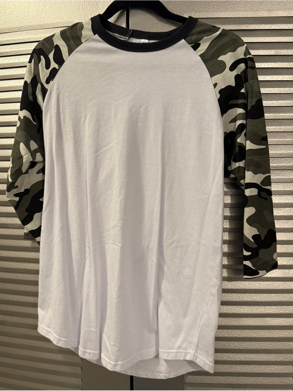 White Raglan Baseball Tee with Green Camo Sleeves